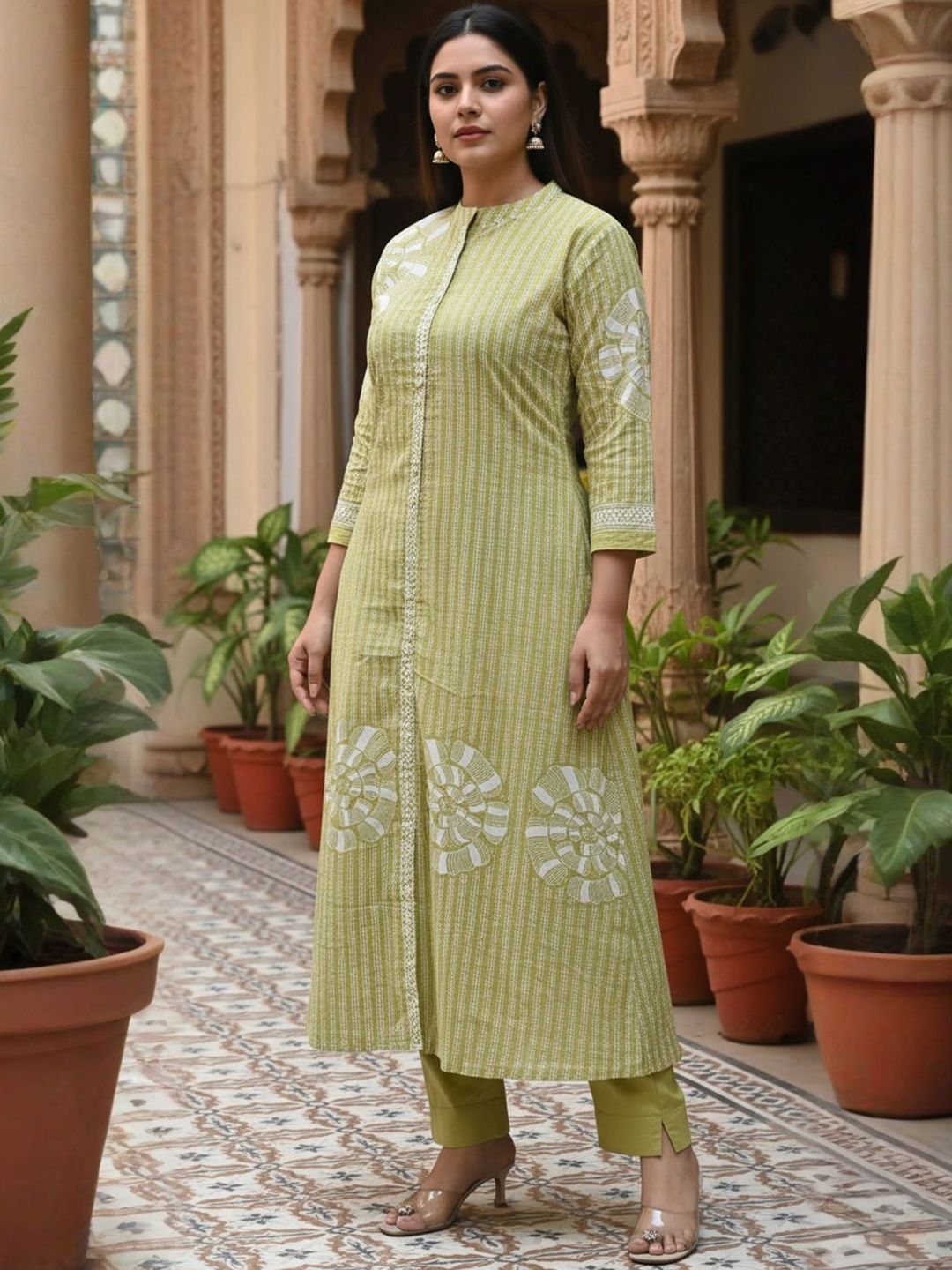 Dhiyona IE Women Printed Regular Pure Cotton Kurta with Trousers