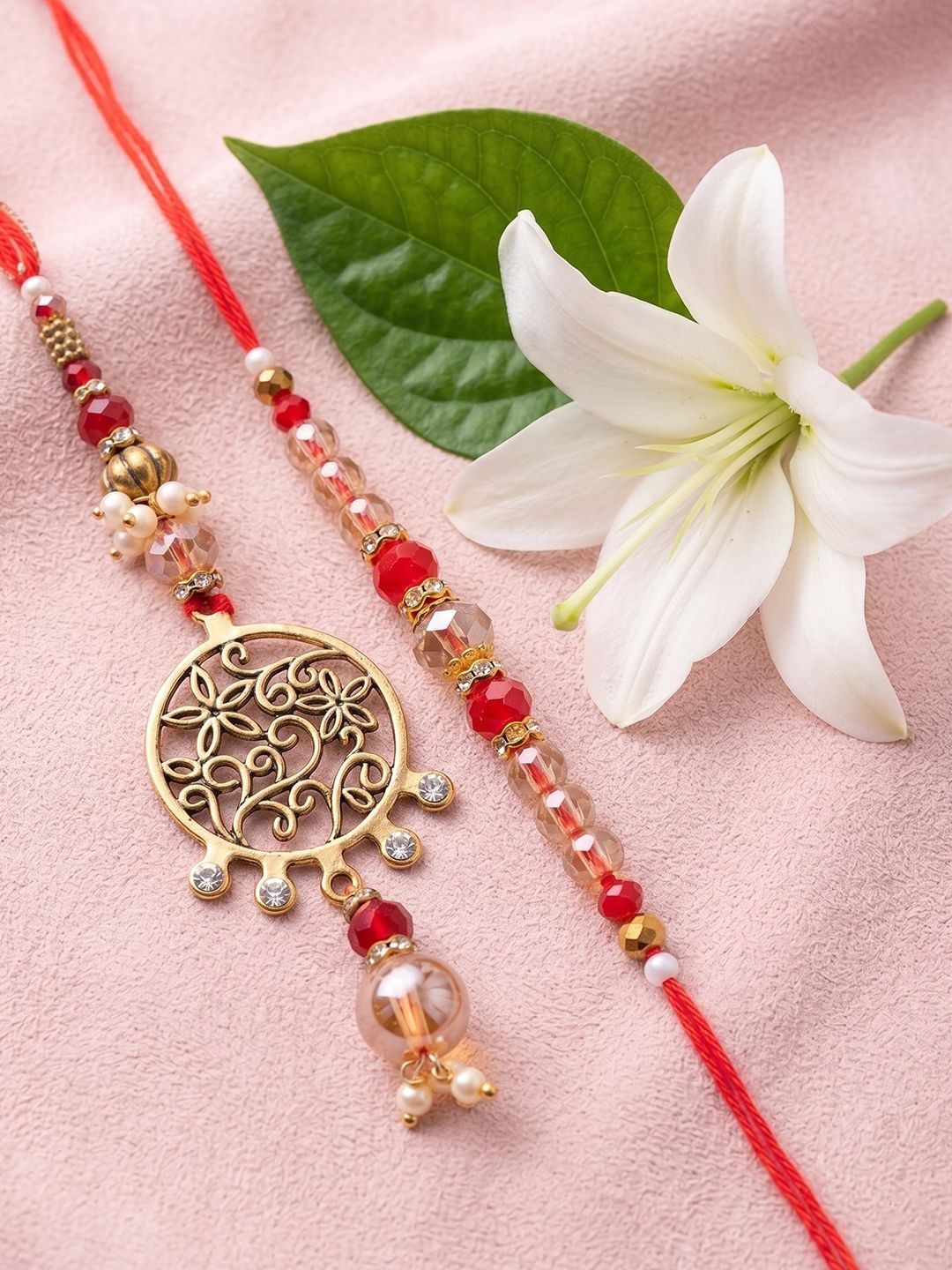 Dhiyona Set Of 2 Gold Toned Artificial Stones & Beads Bhaiya Bhabhi Rakhi With Roli Chawal