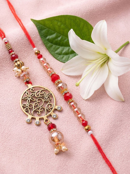 Dhiyona Set Of 2 Gold Toned Artificial Stones & Beads Bhaiya Bhabhi Rakhi With Roli Chawal