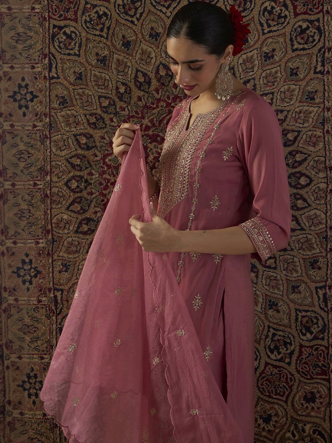 Dhiyona IE Ethnic Motifs Embroidered Notch Neck Zari Kurta With Palazzos & Dupatta