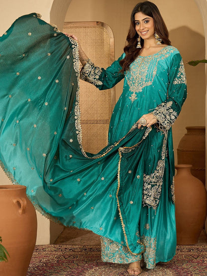 Floral Embroidered Beads And Stones Chinon Silk Kurta With Palazzos & Dupatta