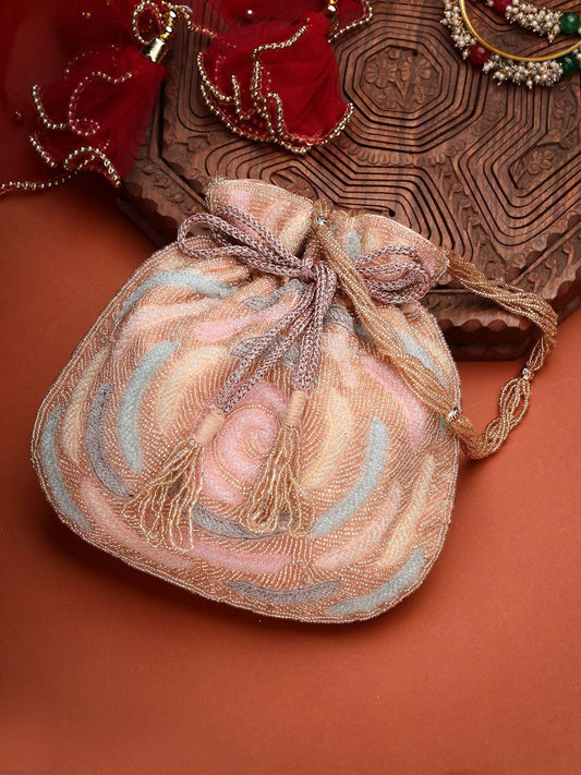 Dhiyona NR Dangle Coral Blossom & Pastel Multi Rose Embellished Faux Silk Potli