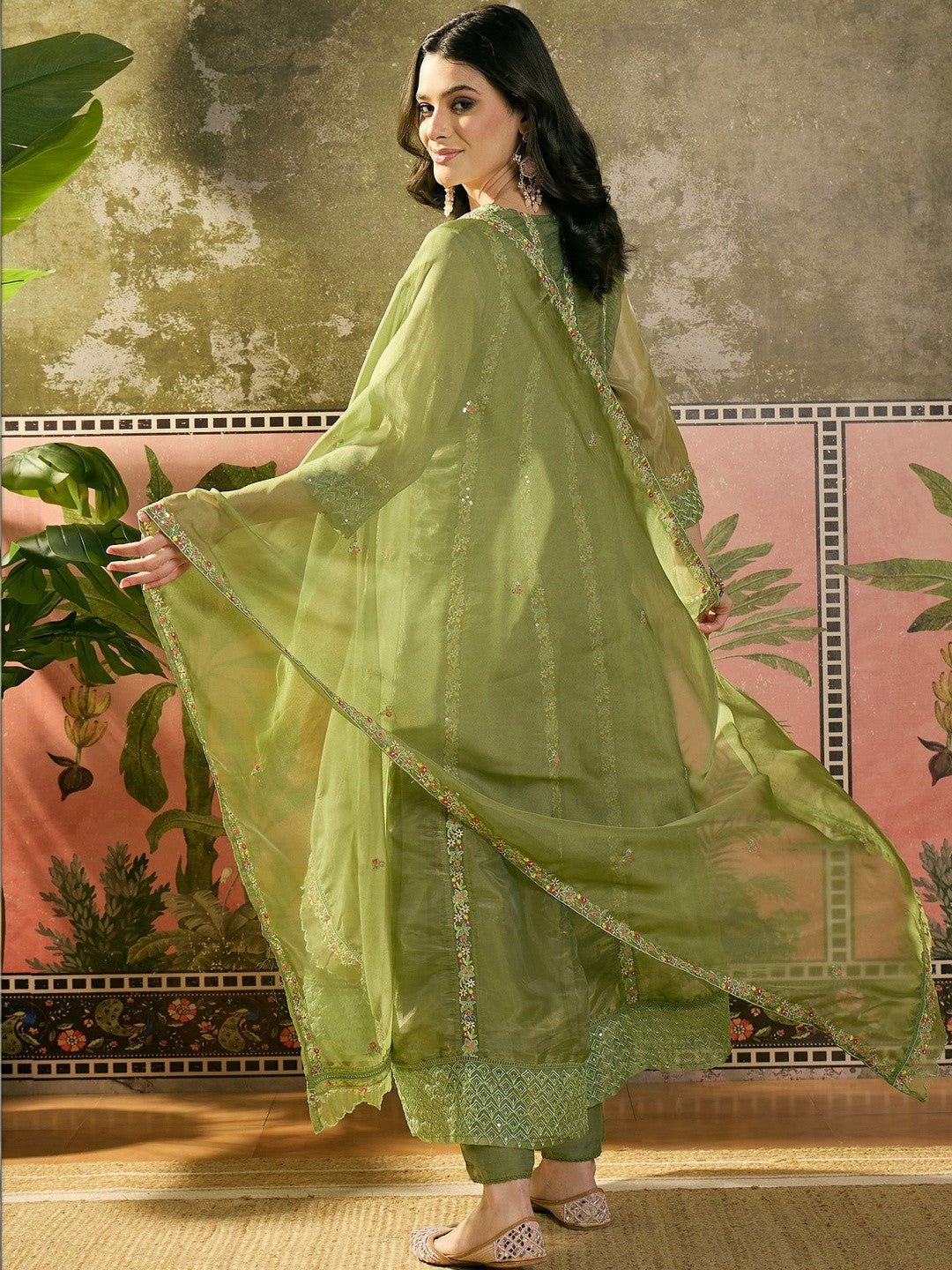 Embroidered V-Neck Kurta Trousers & Dupatta