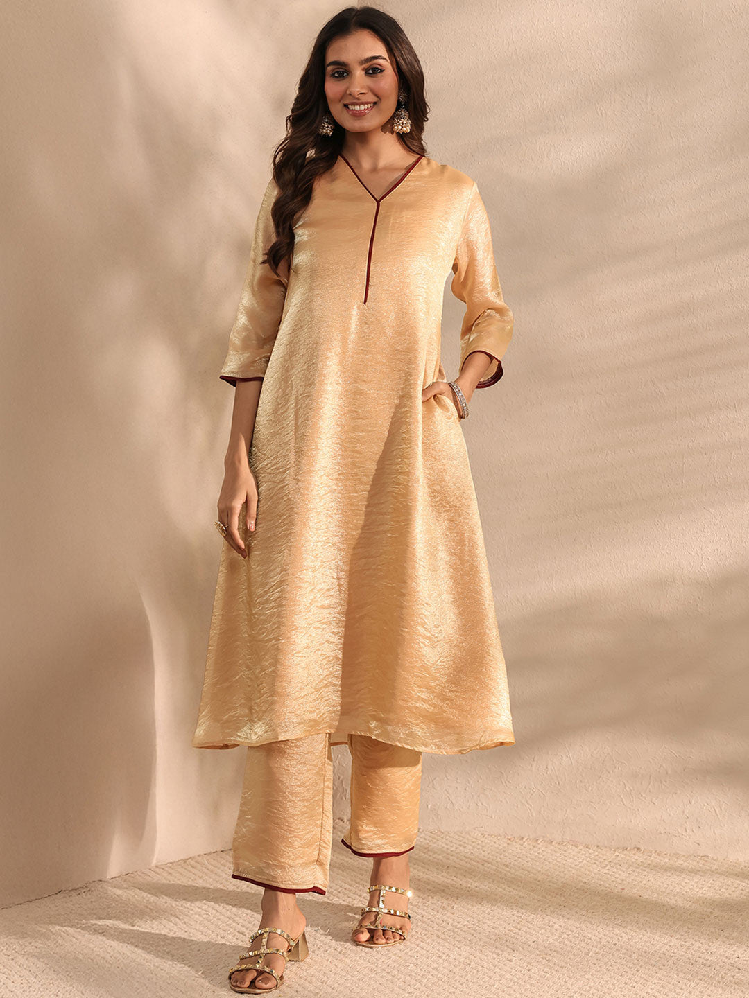 Beige Solid Silk Blend A-Line Kurta Set