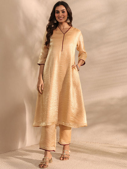 Beige Solid Silk Blend A-Line Kurta Set