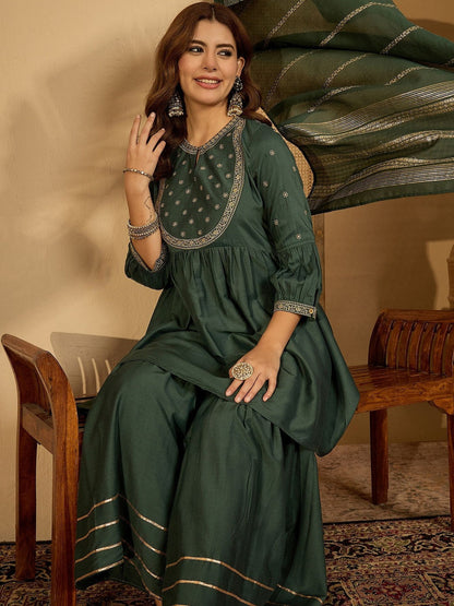 Embroidered Round Neck Kurta Sets With Dupatta