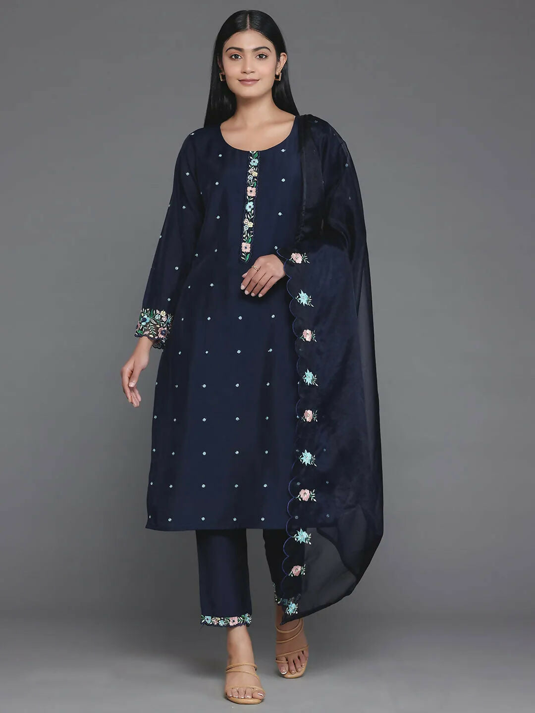 Women's LB Blue Embroidered Silk Blend Straight Suit With Dupatta