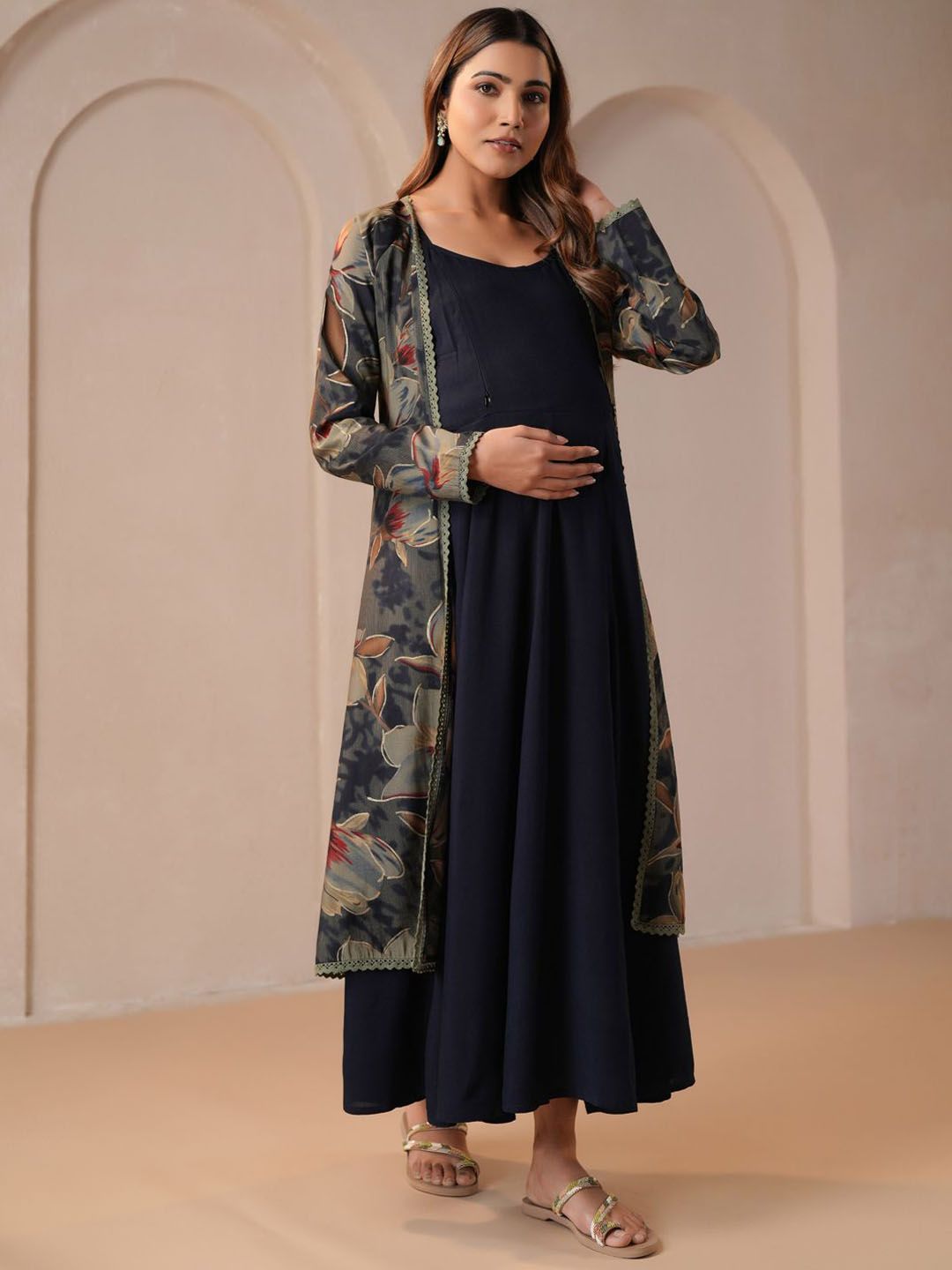 Dhiyona AY Women's Shoulder Strap Neck Maternity Ethnic Dresses With Cape Jacket