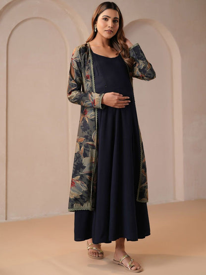 Dhiyona AY Women's Shoulder Strap Neck Maternity Ethnic Dresses With Cape Jacket