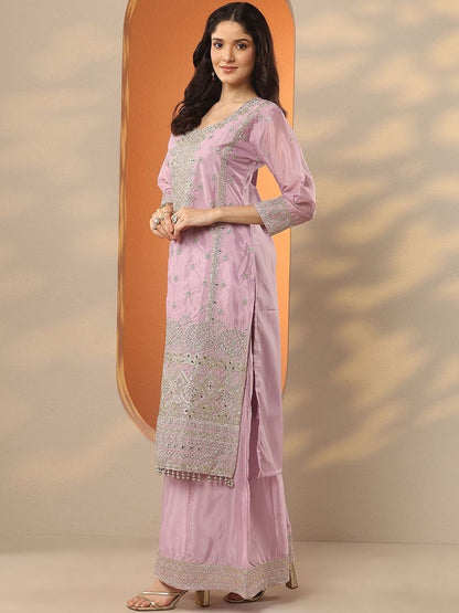 Dhiyona LL Ethnic Motifs Embroidered Organza Straight Kurta With Palazzos & Dupatta