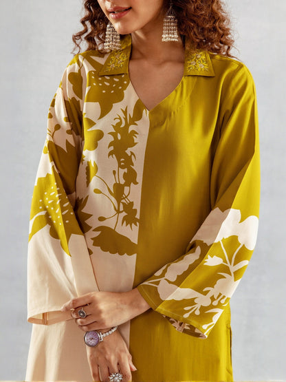 Floral Printed Shirt Collar Thread Work Straight Kurta With Palazzo