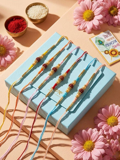 Dhiyona Set Of 6 Rudraksh & Artificial Beads Thread Rakhi With Roli Chawal Chandan Mishri