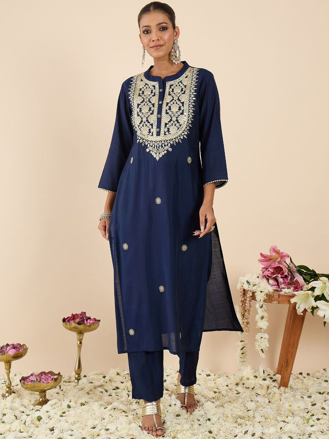 Dhiyona IE Printed Mandarin Collar Three-Quarter Sleeves Top With Trousers