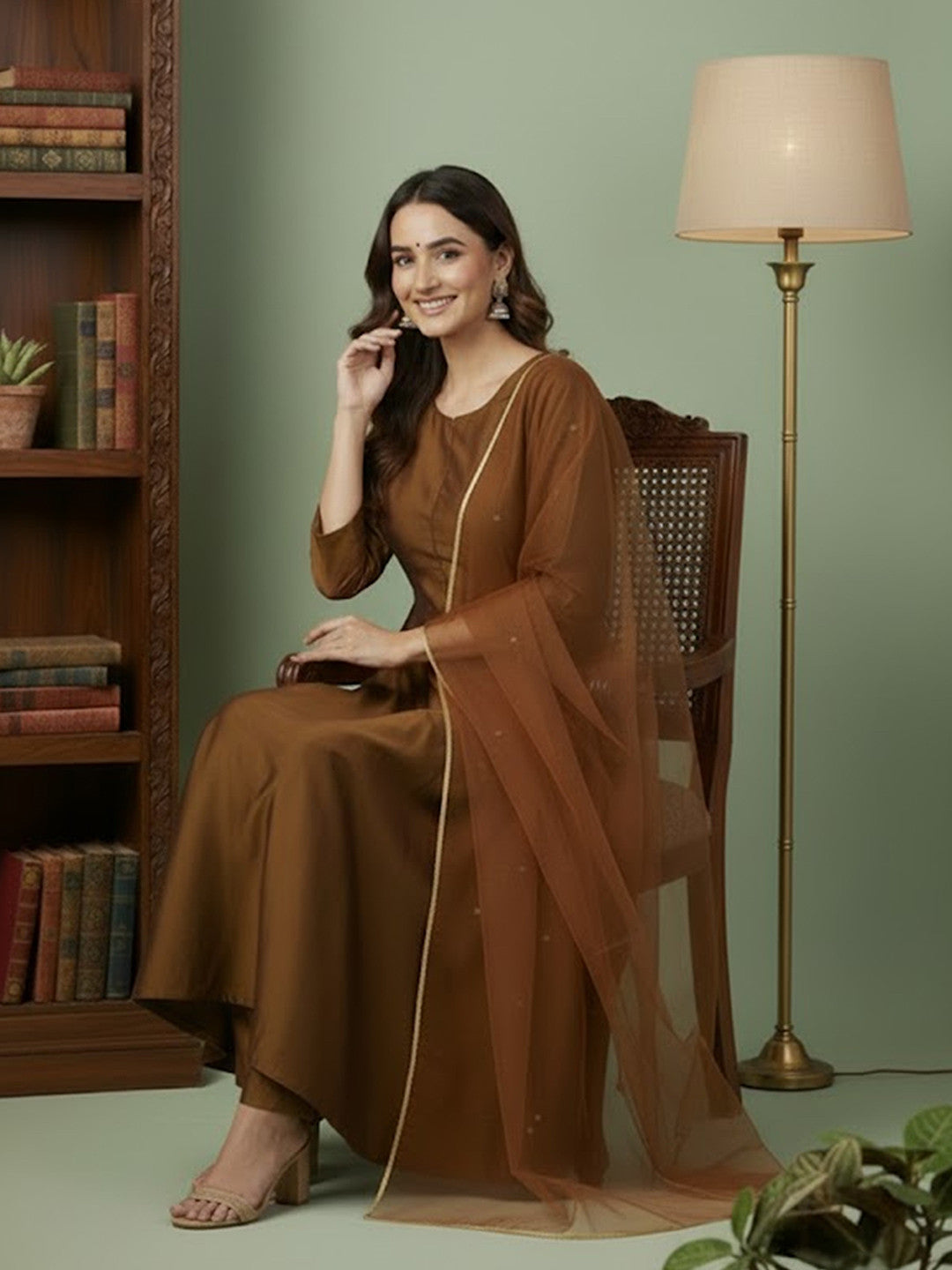 Dhiyona SN Solid Anarkali Kurta with Trouser & Dupatta