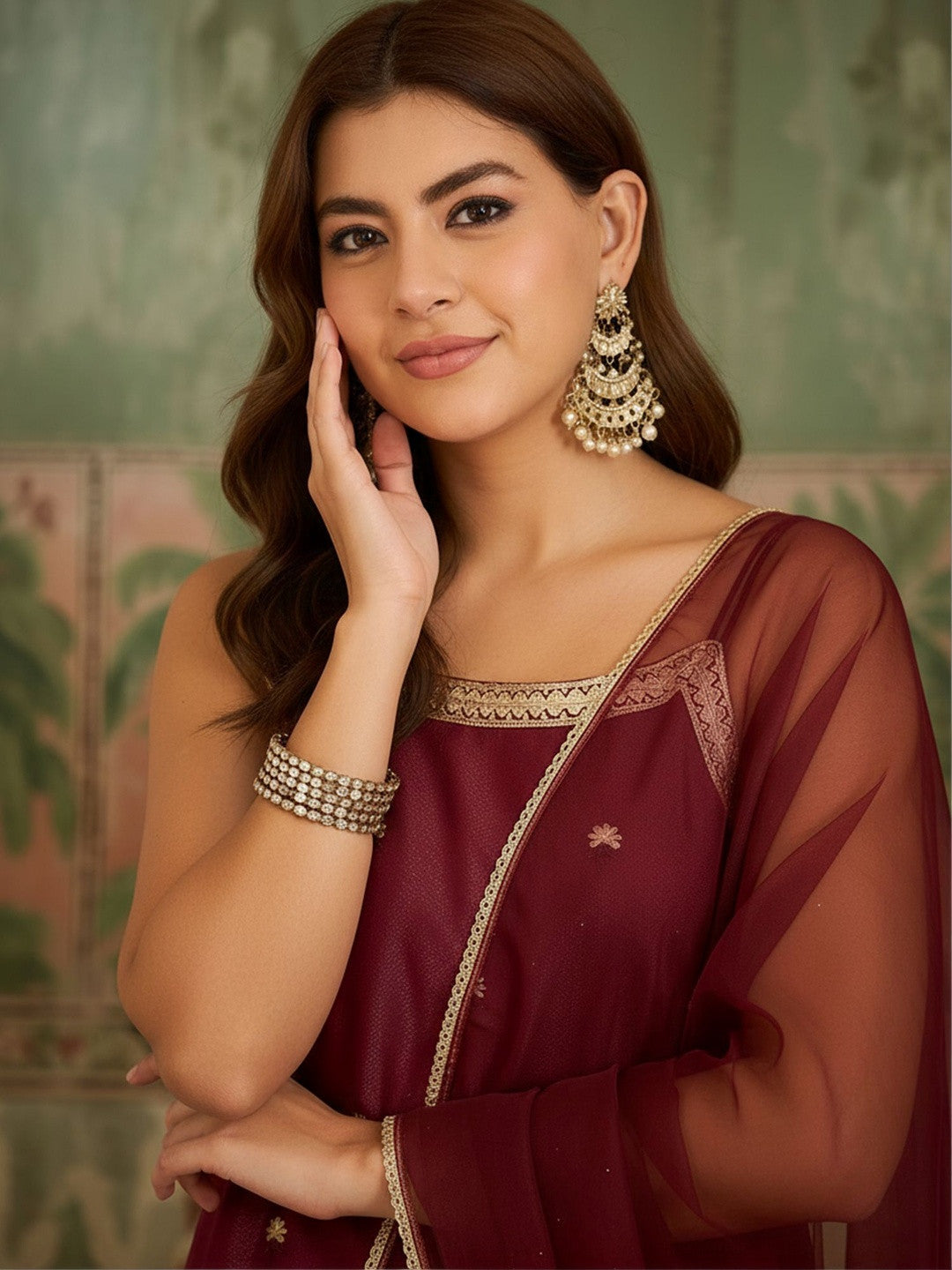 Embroidered Round Neck Kurta & Palazzos With Dupatta