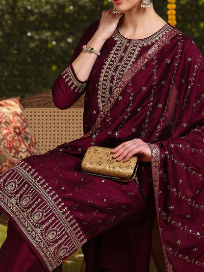 Dhiyona KL Floral Embroidered Sequinned Kurta with Palazzo & Dupatta