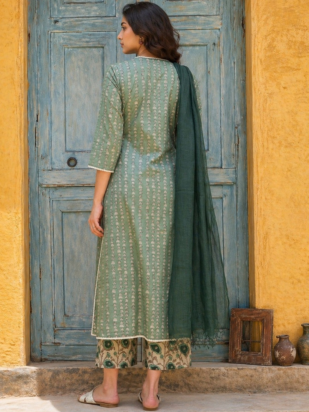 Printed Pure Cotton V-Neck Kurta & Trousers With Dupatta