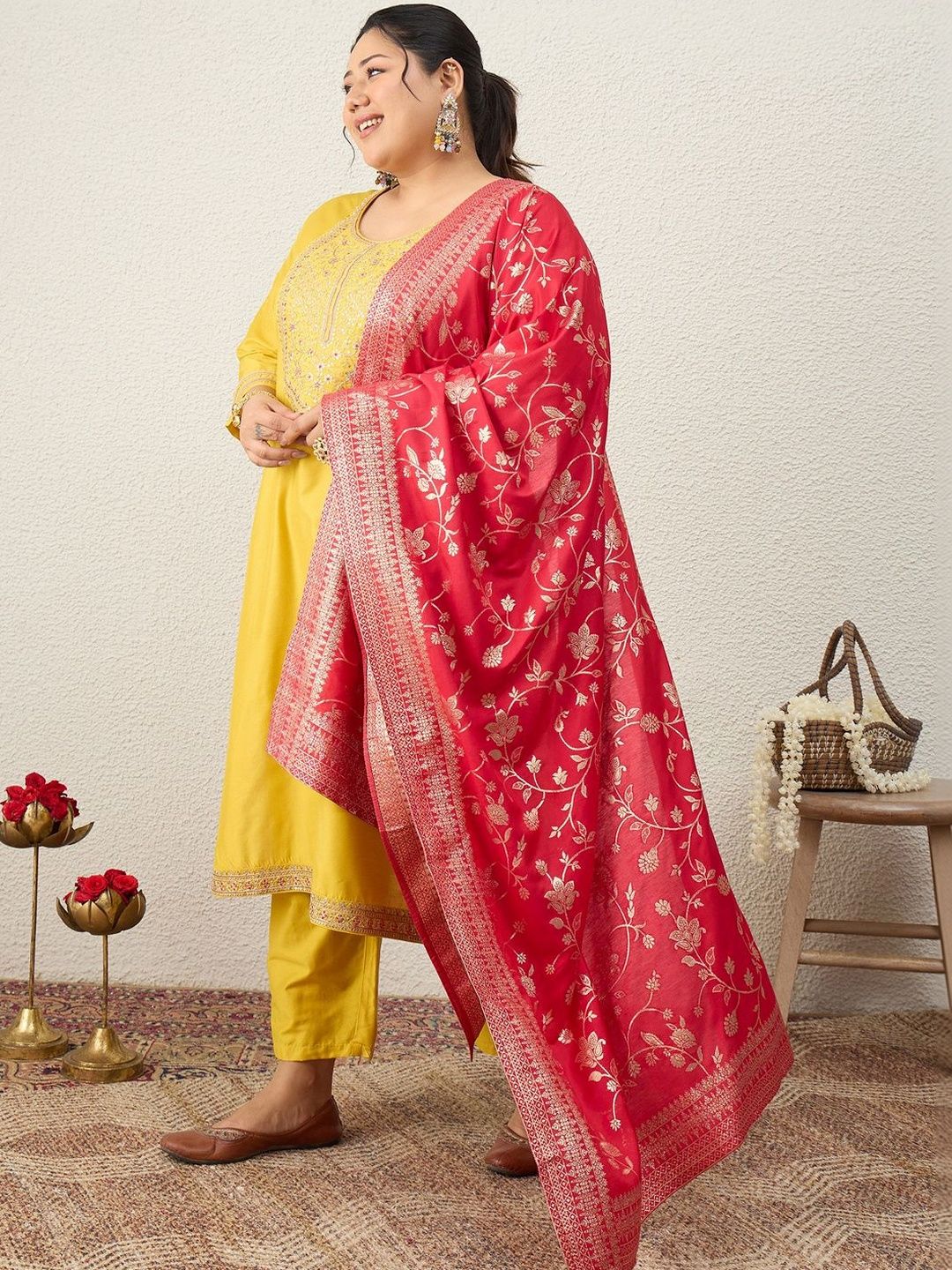 Dhiyona Women's Ethnic Motifs Embroidered Regular Kurta with Trousers & With Dupatta