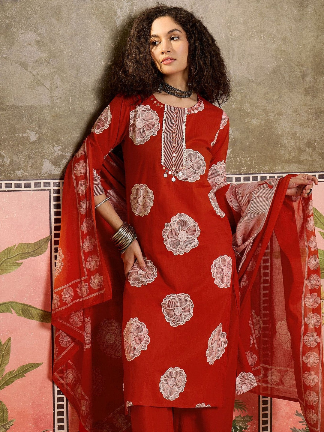 Printed Cotton Round Neck Kurta & Trousers With Dupatta