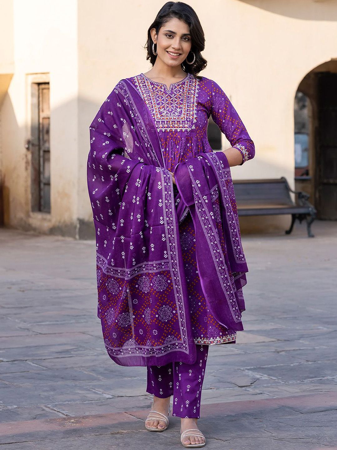 Dhiyona KL Bandhani Printed Thread Work Pure Cotton A-Line Kurta With Trouser & Dupatta