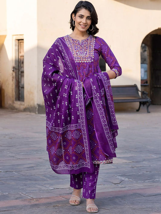 Dhiyona KL Bandhani Printed Thread Work Pure Cotton A-Line Kurta With Trouser & Dupatta