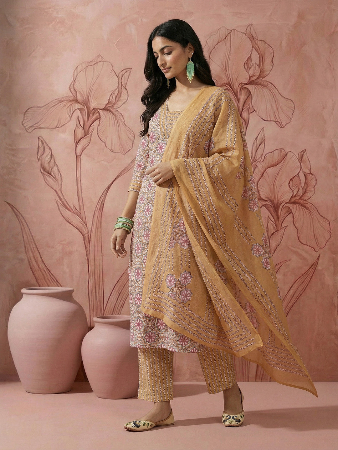 Dhiyona SN Floral Printed Sequinned Regular Pure Cotton Kurta with Pyjamas & Dupatta