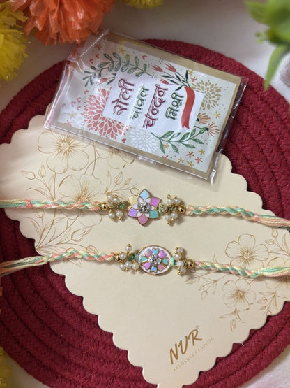 Dhiyona Set Of 2 Meenakari Floral Thread Rakhi With Roli Chawal Chandan Mishri