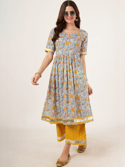 Women Floral Printed Empire Pure Cotton Kurta with Palazzos