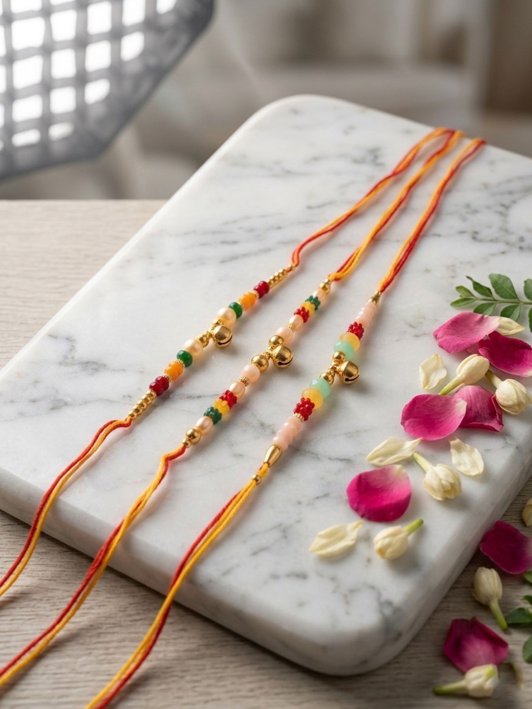 Dhiyona Set Of 3 Artificial Beads Orange Thread Rakhi With Roli Chawal Chandan Mishri