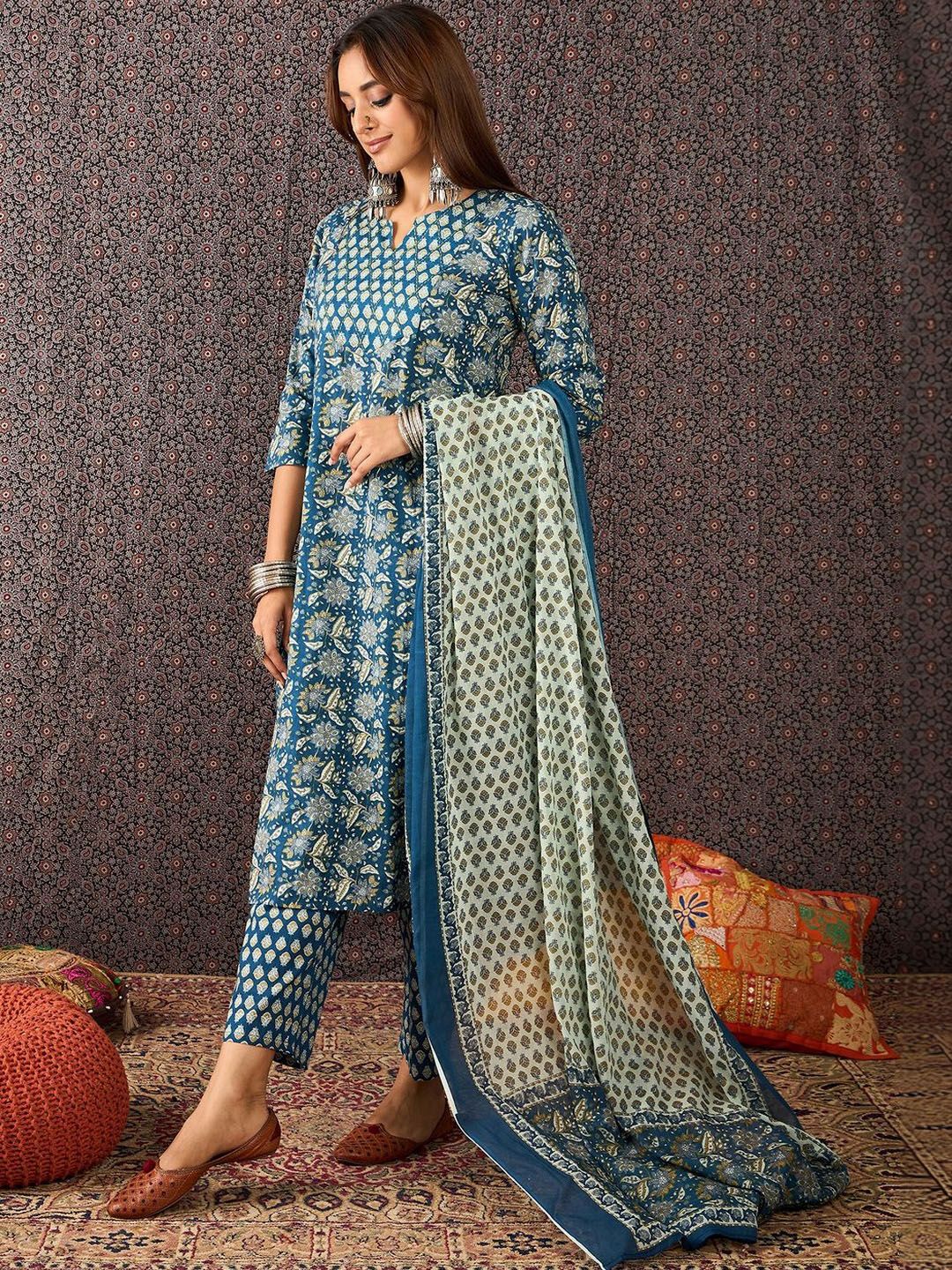 Women Ethnic Motifs Printed Regular Pure Cotton Kurta with Trousers & With Dupatta