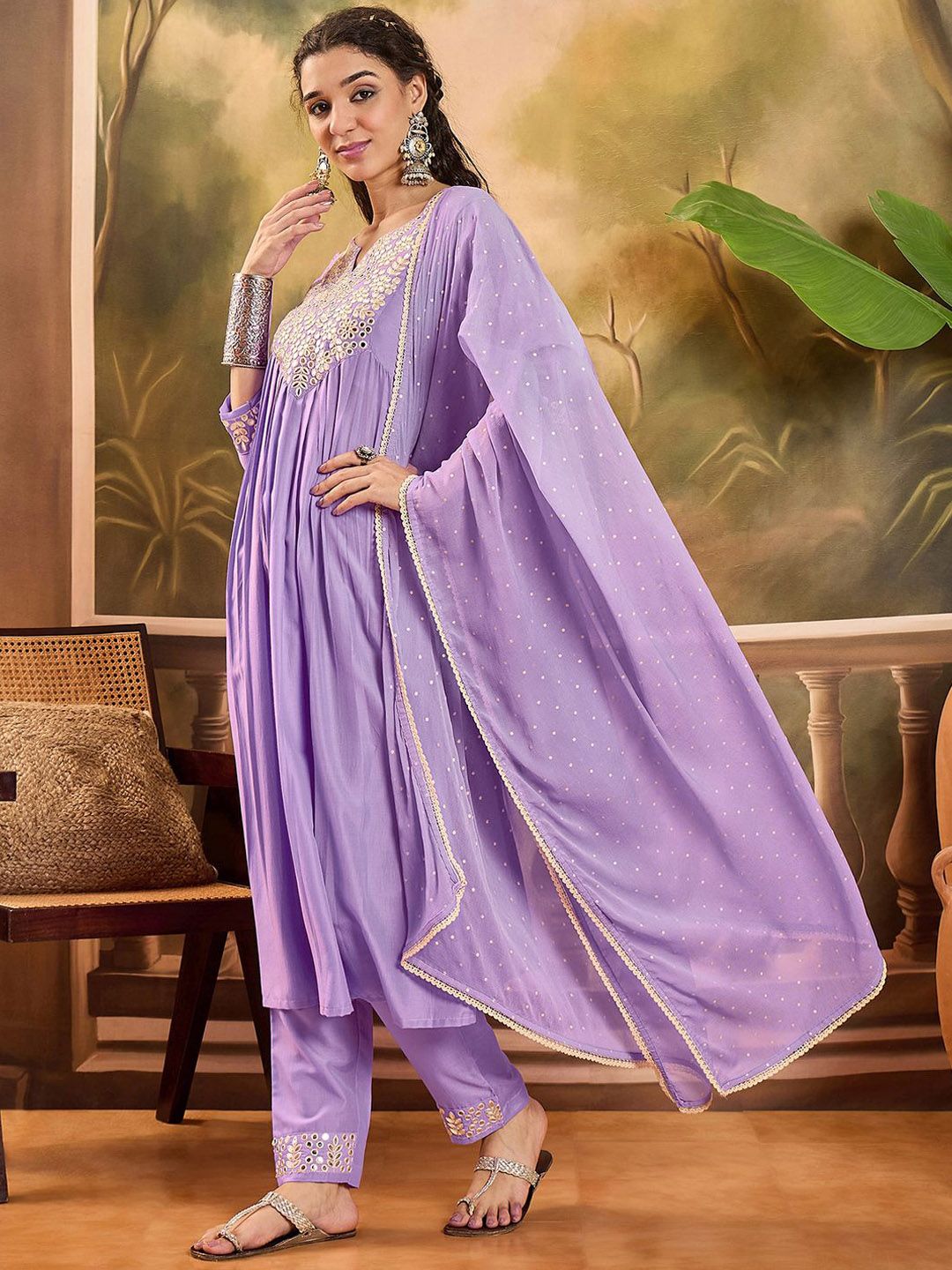 Dhiyona SN Women's Thread Embroidered With Mirror Work A-Line Kurta With Trousers & Dupatta