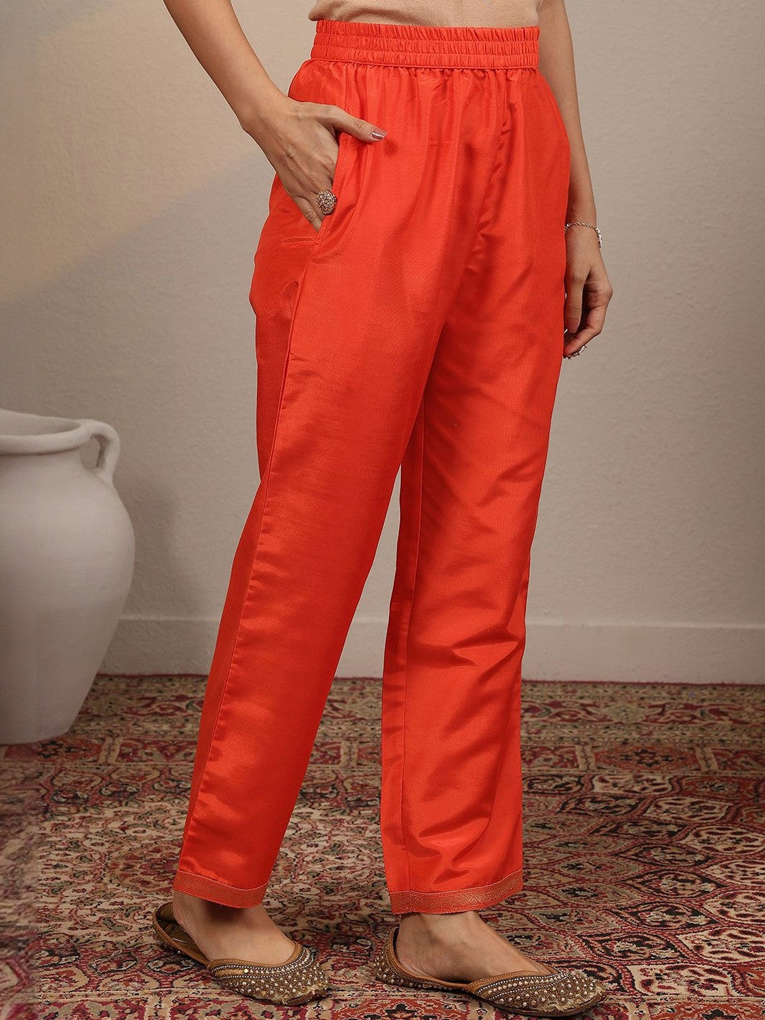 Orange Floral Zari Woven Design Straight Kurta with Solid trouser & Duppatta