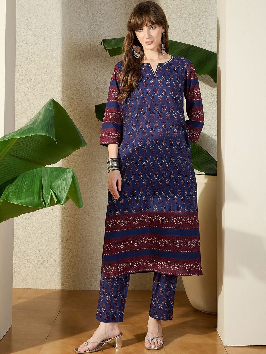 Dhiyona IE Women Ethnic Motifs Printed Regular Pure Cotton Kurta with Trousers