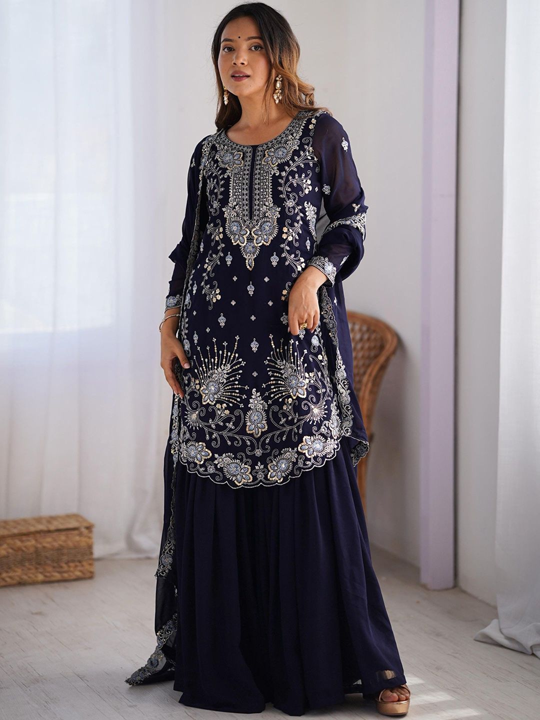 Dhiyona KL Women Ethnic Motifs Embroidered Regular Sequinned Kurta with Sharara & With Dupatta