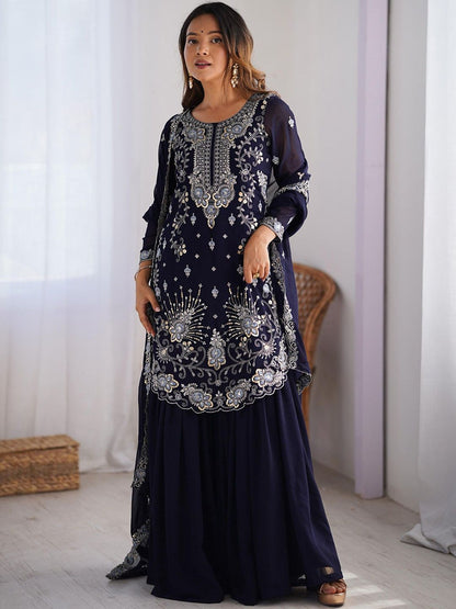 Dhiyona KL Women Ethnic Motifs Embroidered Regular Sequinned Kurta with Sharara & With Dupatta