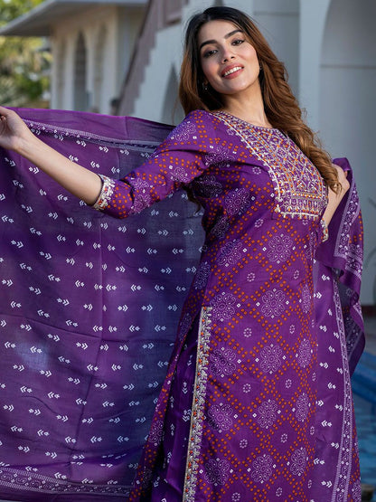 Dhiyona KL Women Bandhani Printed Regular Sequinned Pure Cotton Kurta with Trousers & With Dupatta