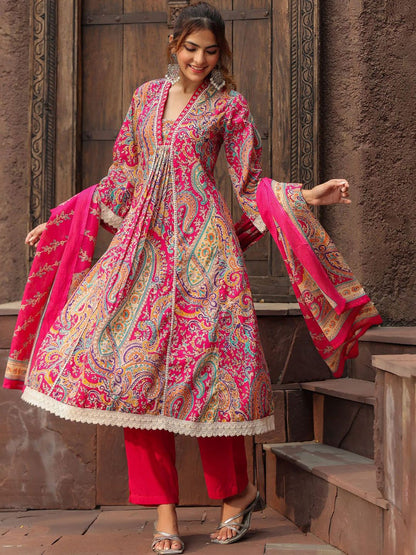 Dhiyona RR Women's Printed Thread Work Pure Cotton Anarkali Kurta with Trousers & Dupatta