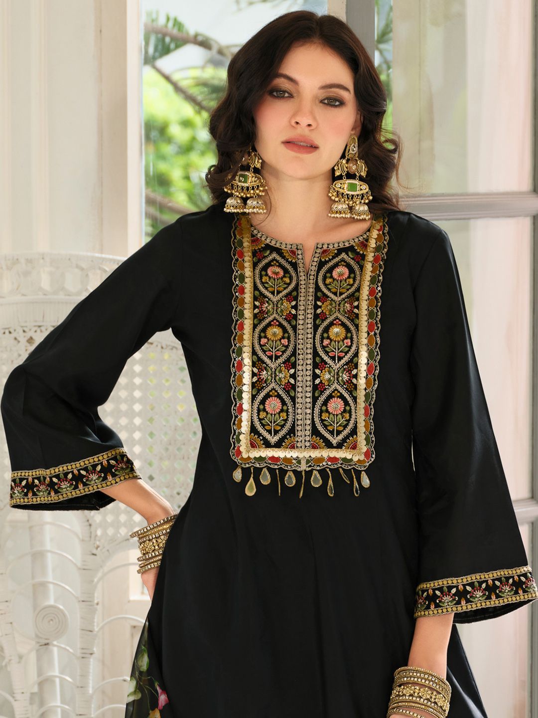 Floral Yoke Design Panelled Sequinned A-Line Kurta With Trousers & Dupatta