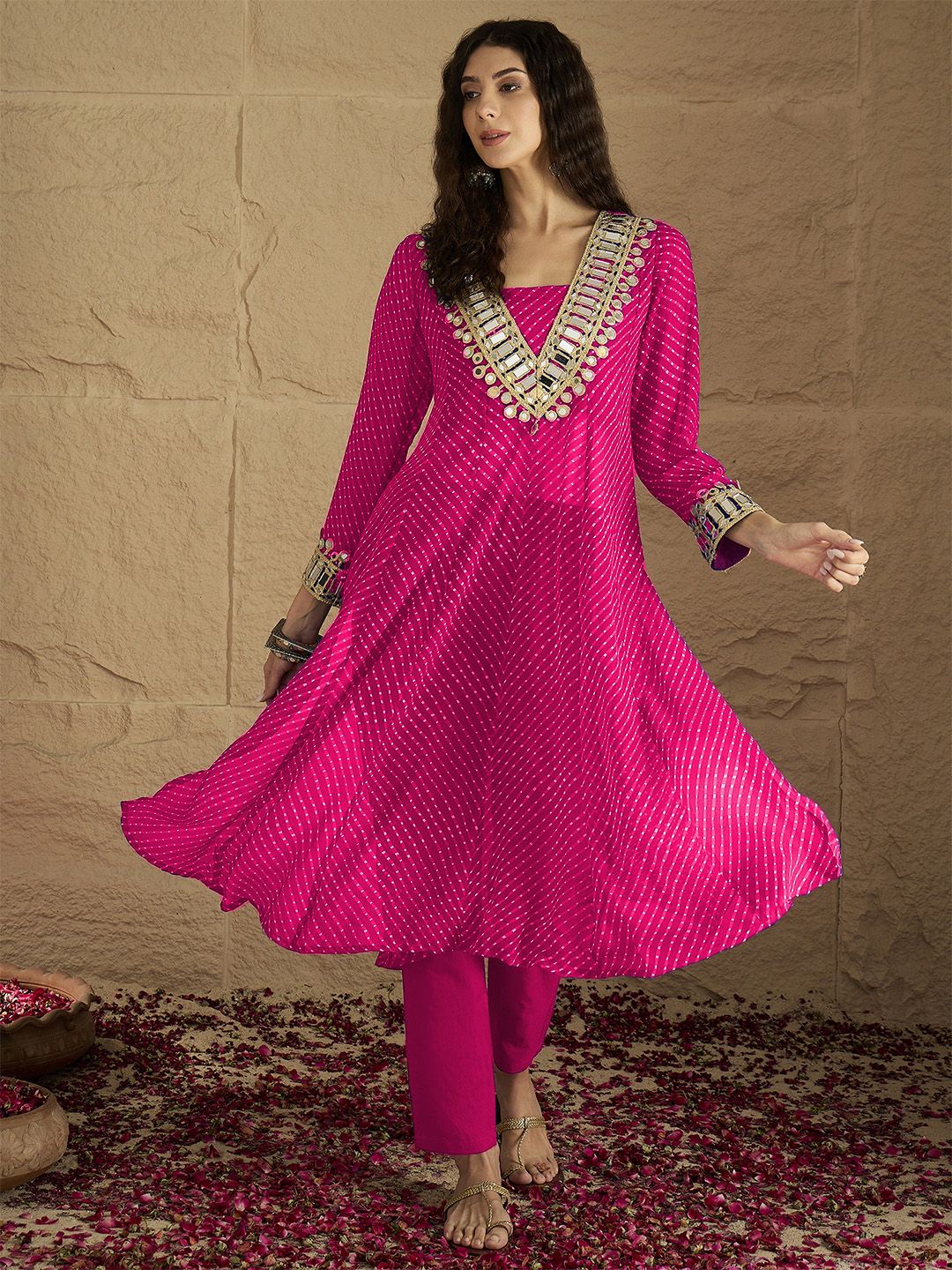 Pink Women Bandhani Printed Regular Kurta with Trousers