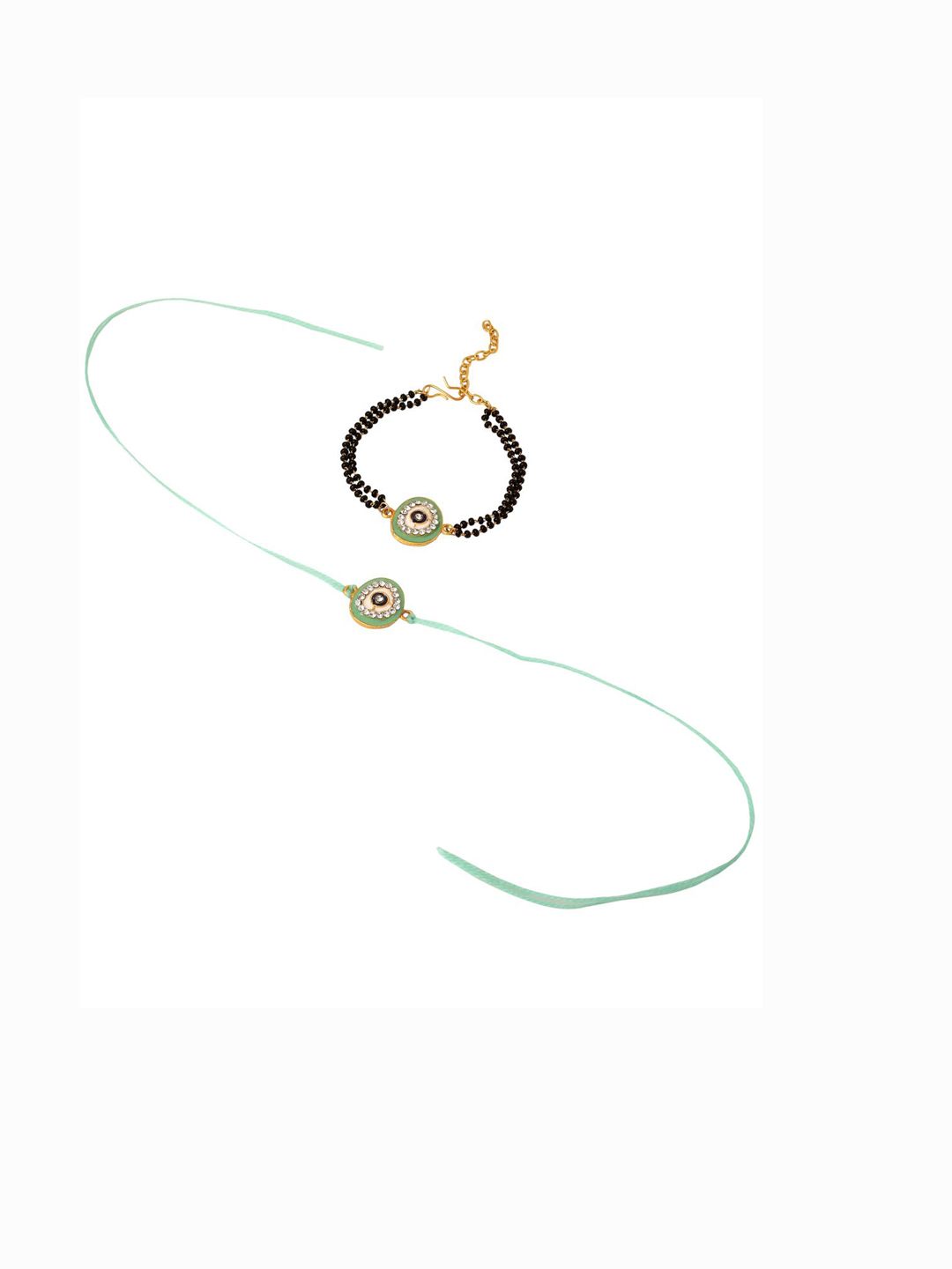 Dhiyona Set Of 2 Green Round Shape Artificial Stones Bhaiya Bhabhi Rakhi With Roli Chawal