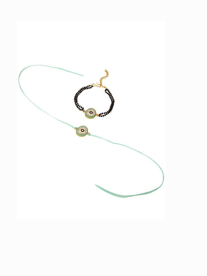 Dhiyona Set Of 2 Green Round Shape Artificial Stones Bhaiya Bhabhi Rakhi With Roli Chawal