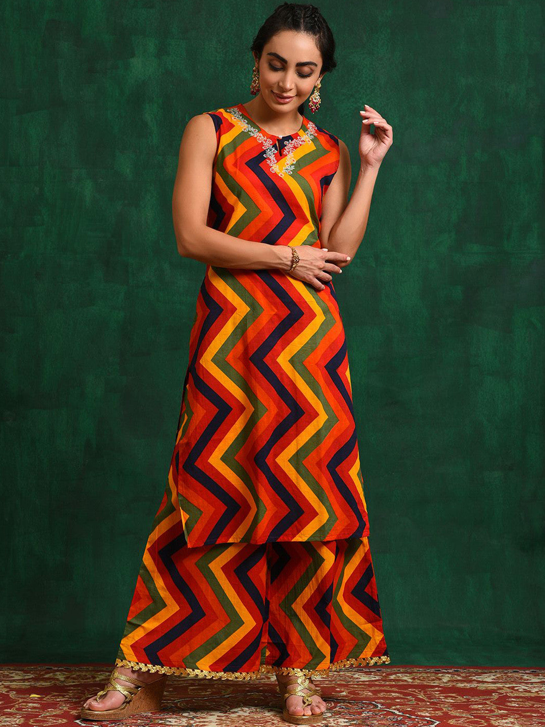 Red Chevron Printed Pure Cotton A-Line Kurta & Trousers With Jacket