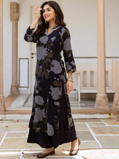 Floral Printed Notch Neck Sequinned Straight Kurta & Palazzos