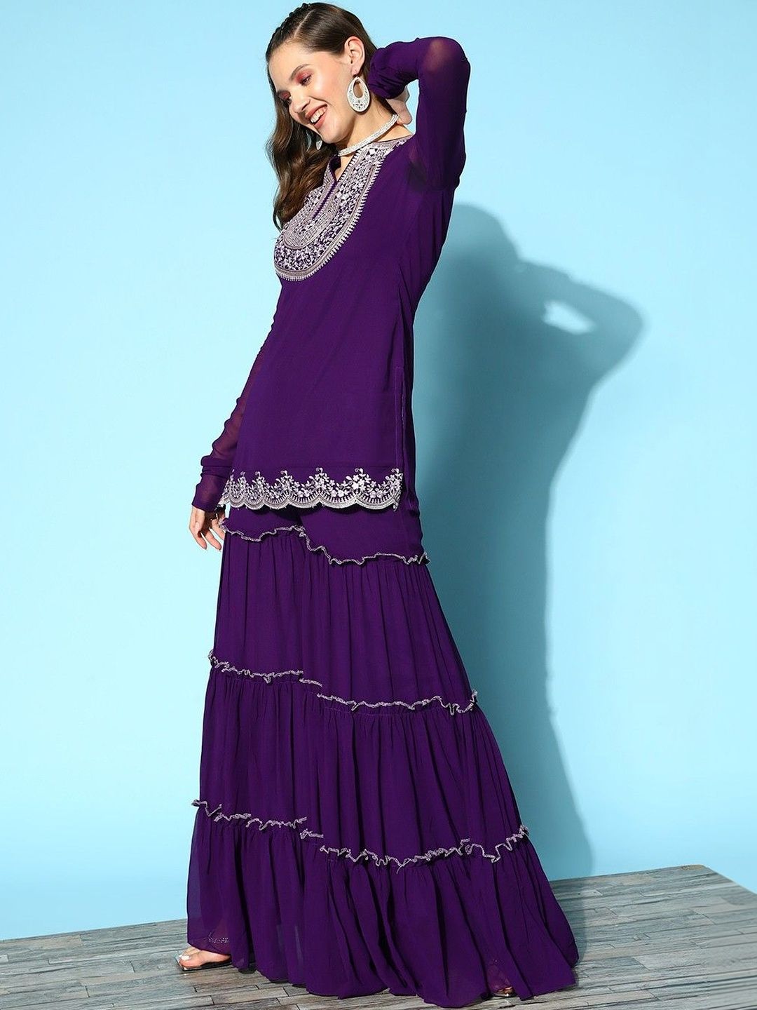 Dhiyona KL Women Ethnic Motifs Embroidered Regular Thread Work Kurta with Sharara & With Dupatta