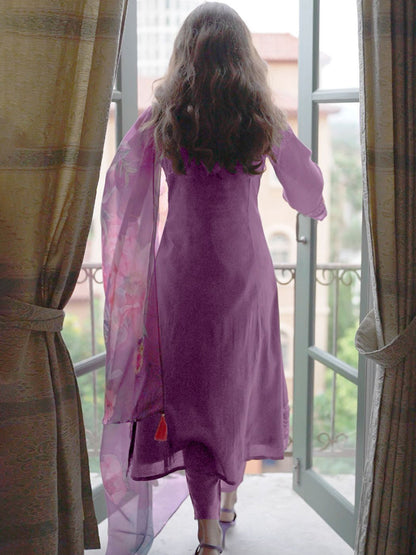 Floral Embroidered A-Line Kurta With Trousers & Dupatta