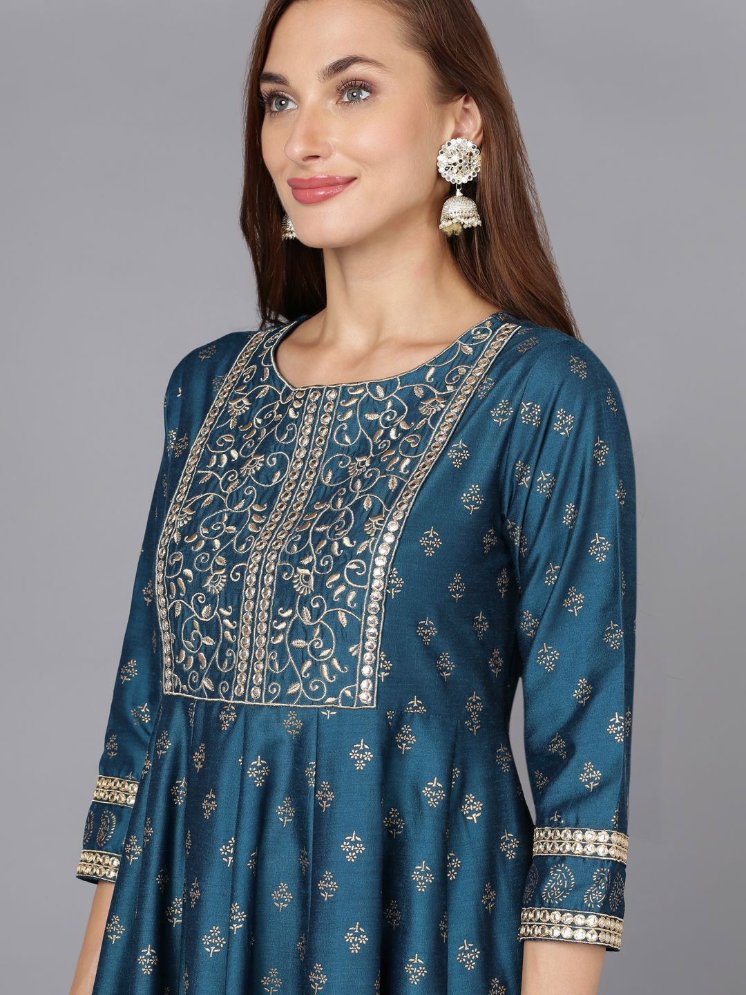 Dhiyona KL Floral Printed Round Neck Zari Anarkali Kurta & Palazzos With Dupatta