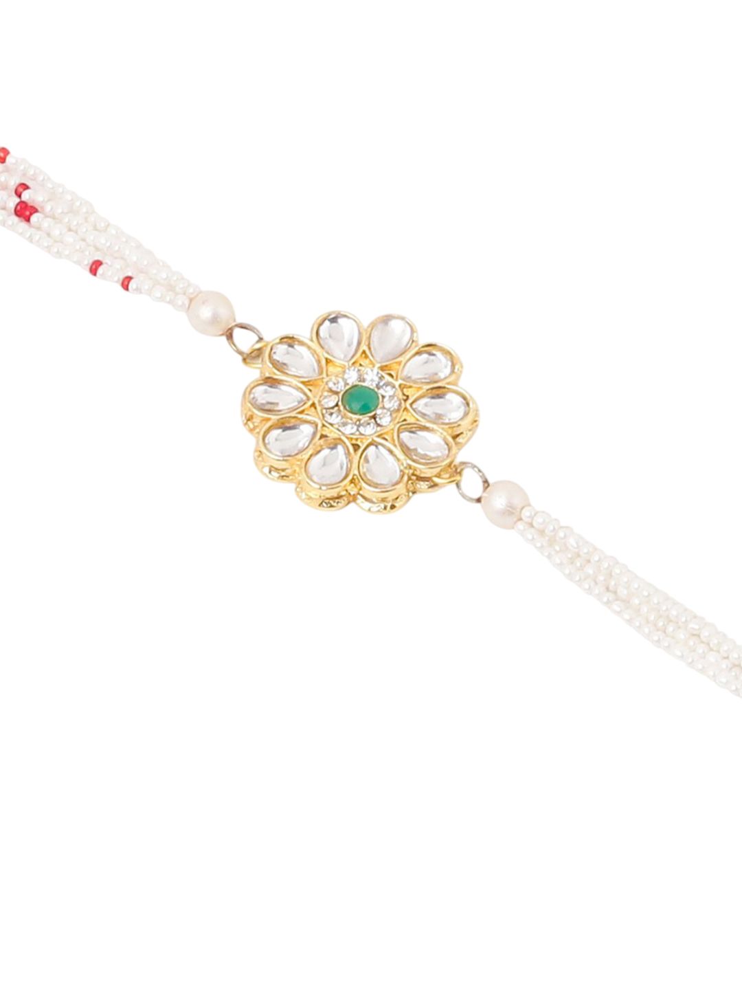 Dhiyona Set Of 2 Kundan Floral Design Gold Toned Bhaiya Bhabhi Rakhi Set With Roli Chawal