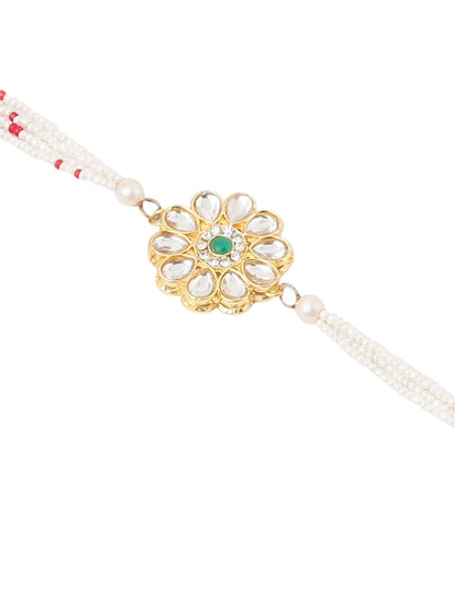 Dhiyona Set Of 2 Kundan Floral Design Gold Toned Bhaiya Bhabhi Rakhi Set With Roli Chawal