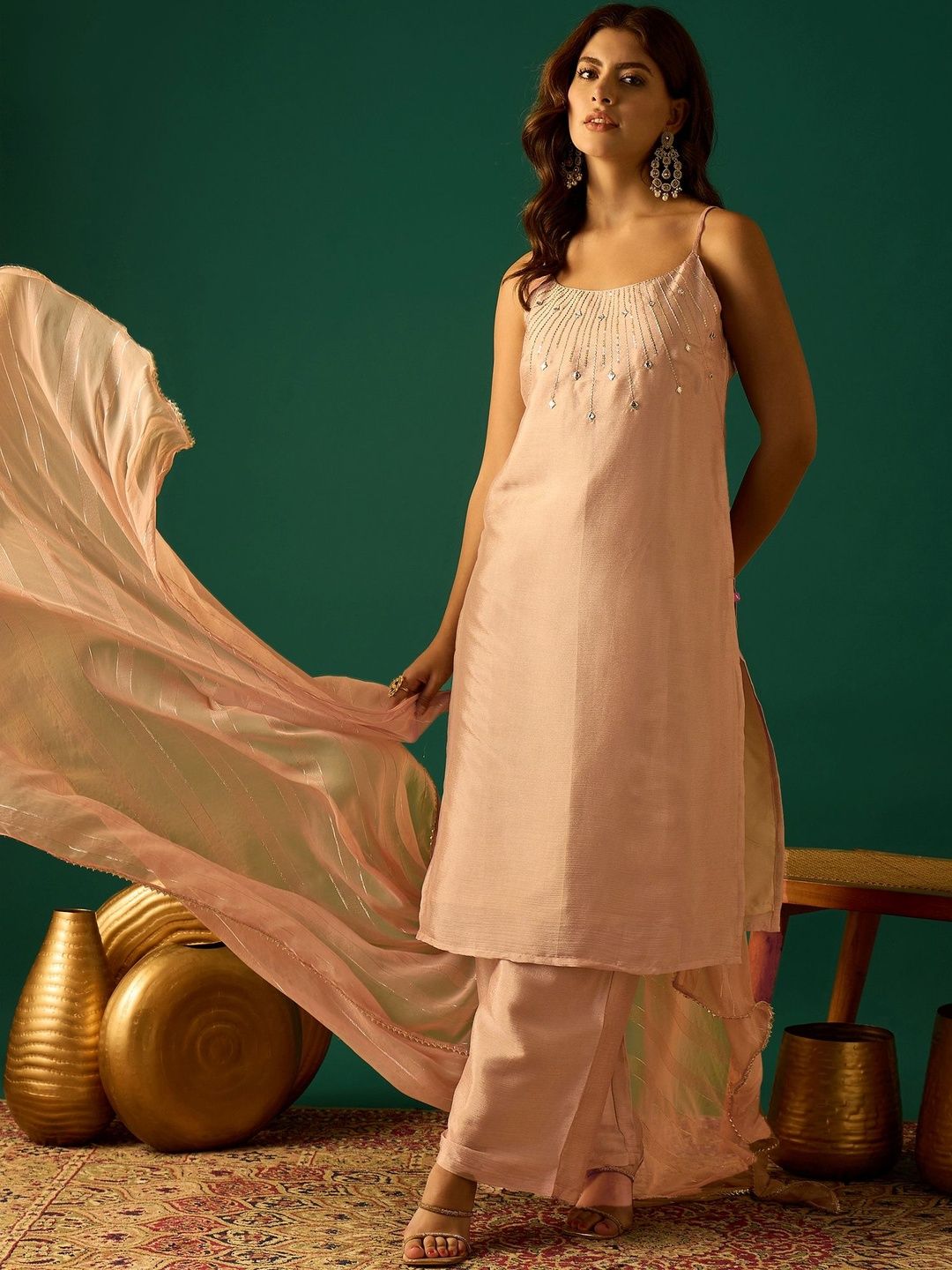 Dhiyona VA Women Embroidered Regular Beads and Stones Kurta with Palazzos & Dupatta