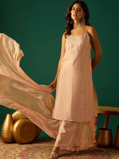 Dhiyona VA Women Embroidered Regular Beads and Stones Kurta with Palazzos & Dupatta